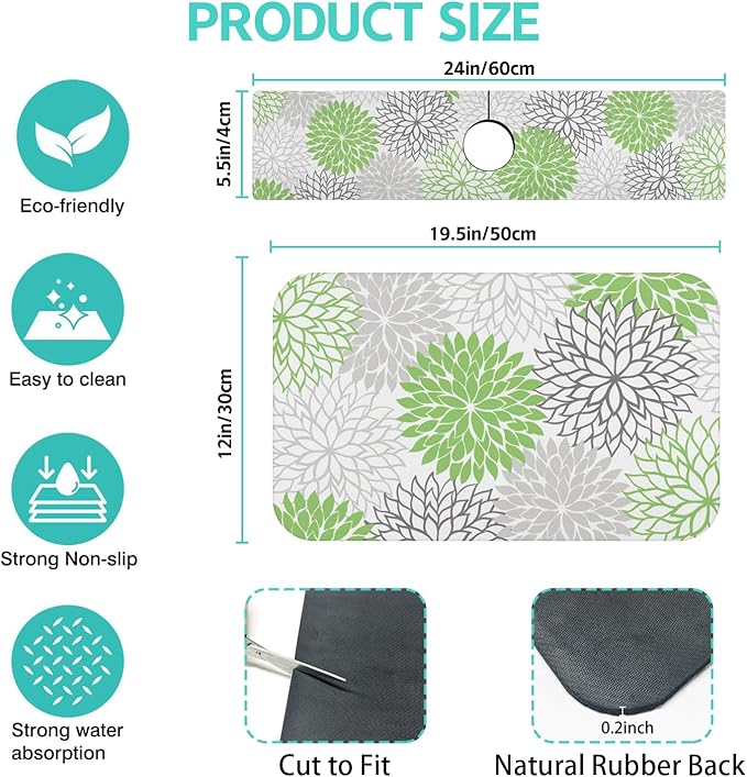 Dish Drying Mat for Kitchen Counter Matt, 2PCS 19"x12" Dish Drainer Mat & 24"x5.5" Sink Splash Guard, Super Absorbent Non-slip Rubber Backed