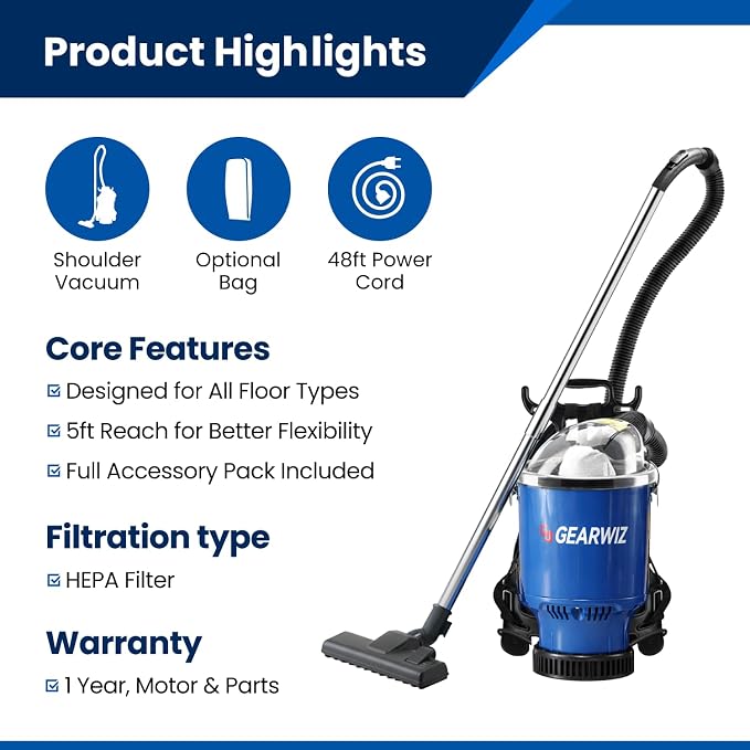 Gearwiz Backpack Vacuum Cleaner – 1000W Shoulder Vacuum with 25KPA Suction, Bagged or Bagless Use, Adjustable Harness, Double Filtration, Washable Dust Bag & Tools for Home, Office, Stairs & Cars