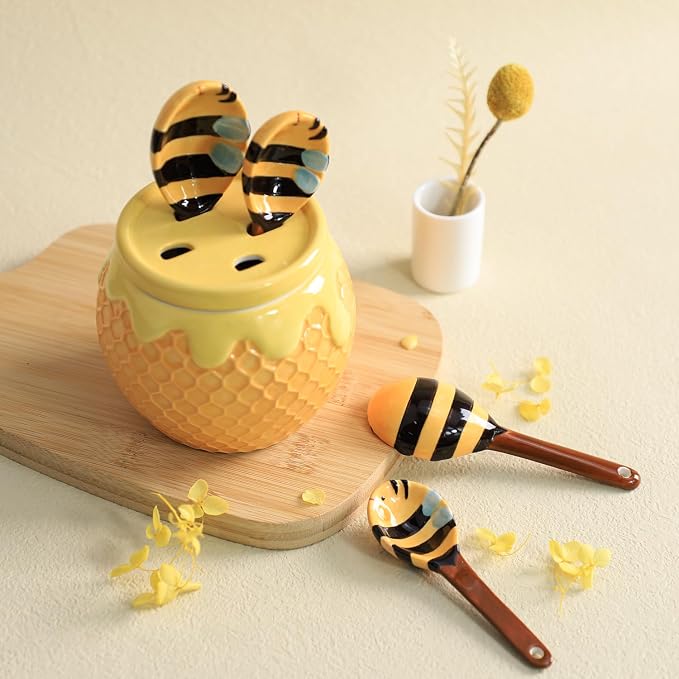 Sizikato 4pcs Porcelain Measuring Spoons with Base, Cute Ceramic Bee Spoons and Honeycomb Cup