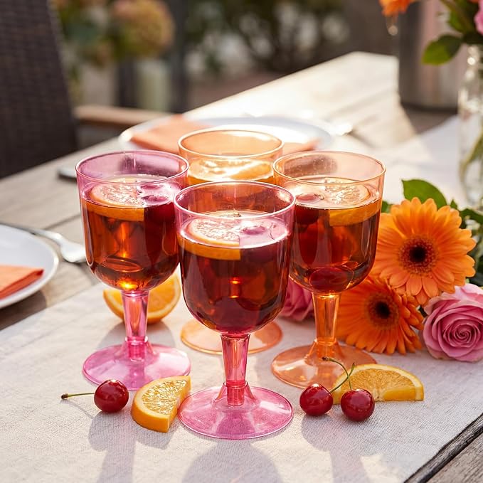 Remerry 24 Pcs Orange Pink Party Plastic Wine Glasses 5 oz Goblets with Stem Hot Pink Orange Unbreakable Drinking Glasses Drinkware Cup for Valentines Day Wedding Birthday Baby Shower Party Supplies