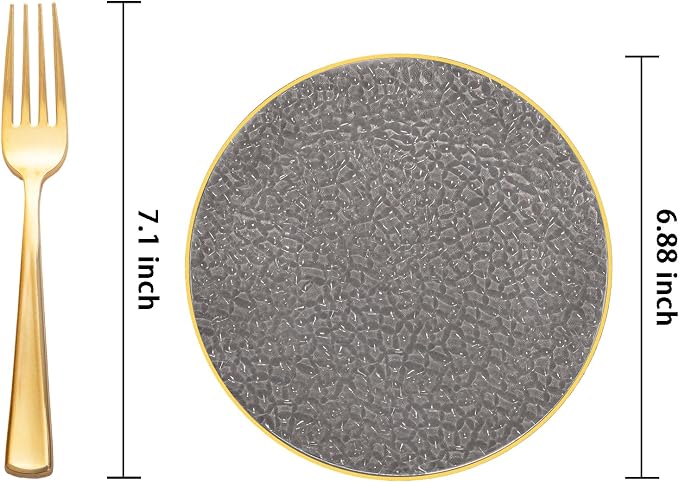 DaYammi 240Pcs Black Plastic Plates Including 120Pcs Black Dessert Plates and 120Pcs Gold Forks,Hammered Party Plate,Gold Rimmed Appetizer plates Heavy duty Disposable Plastic Plate for Party Birthday