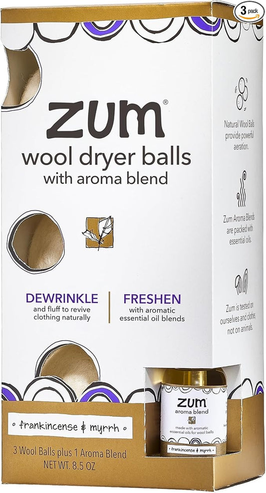 Zum Indigo Wild Laundry Dryer Balls Kit - Wool Laundry Balls for The Dryer - Essential Oil Spray - Reusable Drying Balls for Laundry - Frankincense & Myrrh - (3 Dryer Balls, 1 Aroma Blend)