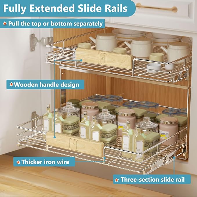 LOVMOR 2 Tier Pull Out Cabinet Organizer 25½" W x 21½" D, Slide Out Drawers with Wooden Handle, Sliding Shelves Organization and Storage for Kitchen, Pantry