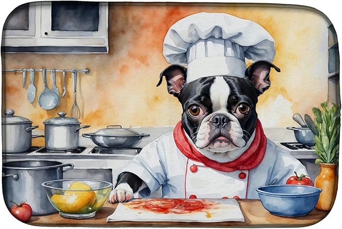 Caroline's Treasures DAC6215DDM Boston Terrier The Chef Dish Drying Mat Absorbent Dish Drying Mat Pad for Kitchen Counter Dish Drainer Mat for Countertop, 14 x 21", Multicolor