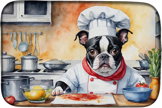 Caroline's Treasures DAC6215DDM Boston Terrier The Chef Dish Drying Mat Absorbent Dish Drying Mat Pad for Kitchen Counter Dish Drainer Mat for Countertop, 14 x 21", Multicolor
