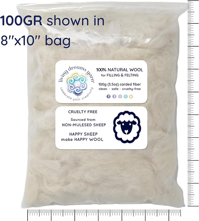 Core Wool for Needle Felting, Crochet Toys, Amigurumi Stuffing. Super Clean Wool Filler for Pillows, Stuffed Animals, Dryer Balls. 100GR, Natural White