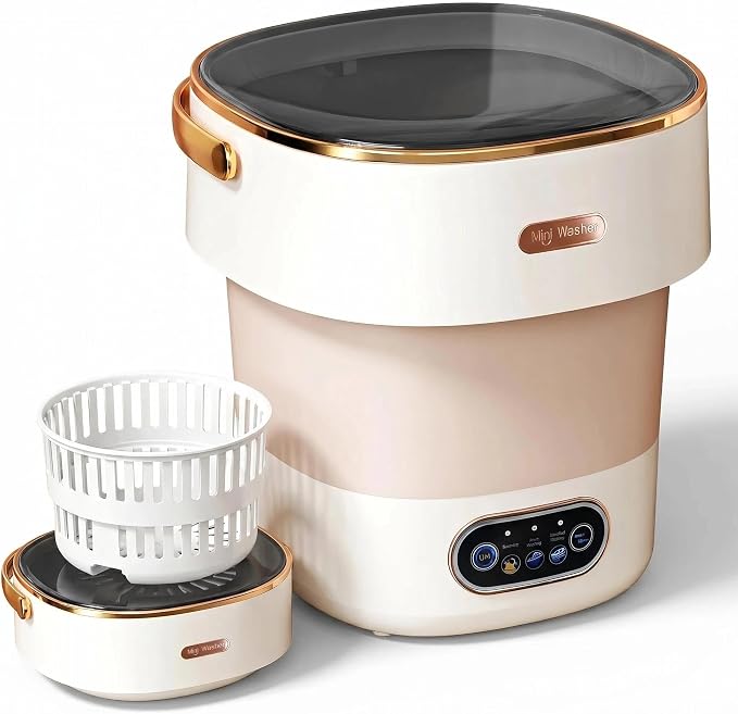 Portable Collapsible Mini Washer with 3 Cleaning Modes & Drain Basket, 16L Foldable Small Laundry Machine for Travel Camping Dorms RV Apartments, Baby Clothes Underwear Socks Delicates (khaki)