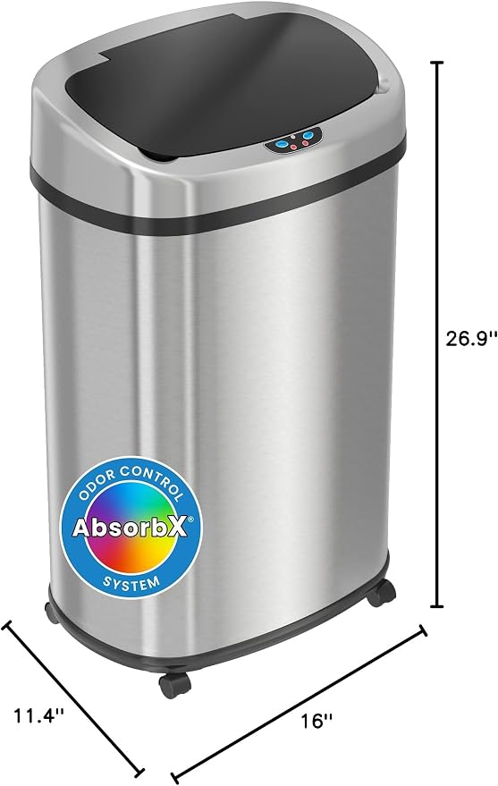 SensorCan 13 Gallon Sensor Trash Can with Wheels and AbsorbX Odor Control System, Stainless Steel, Oval Shape Automatic Kitchen and Office Garbage Bin (Powered by Battery or Optional AC Adapter)