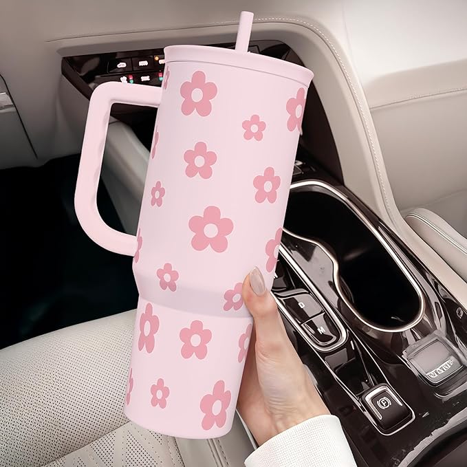 Floral Tumbler with Handle and Straw 40oz Stainless Sleel Slider Tumbler Travel Coffee Mug for Women - Gift Idea for Birthday Christmas