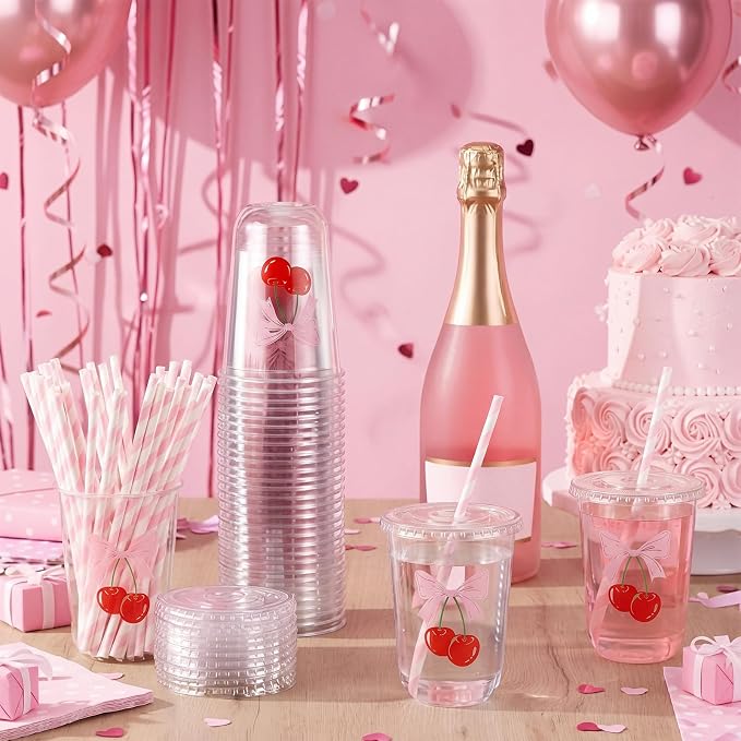 LemonRoad 50sets 16oz Pink Cherry Bow Cups Pink Birthday Party Decorations Supplies Cute Plastic Cups Disposable with Lids and Straws for Valentines Galentines Day Christmas Wedding Baby Shower