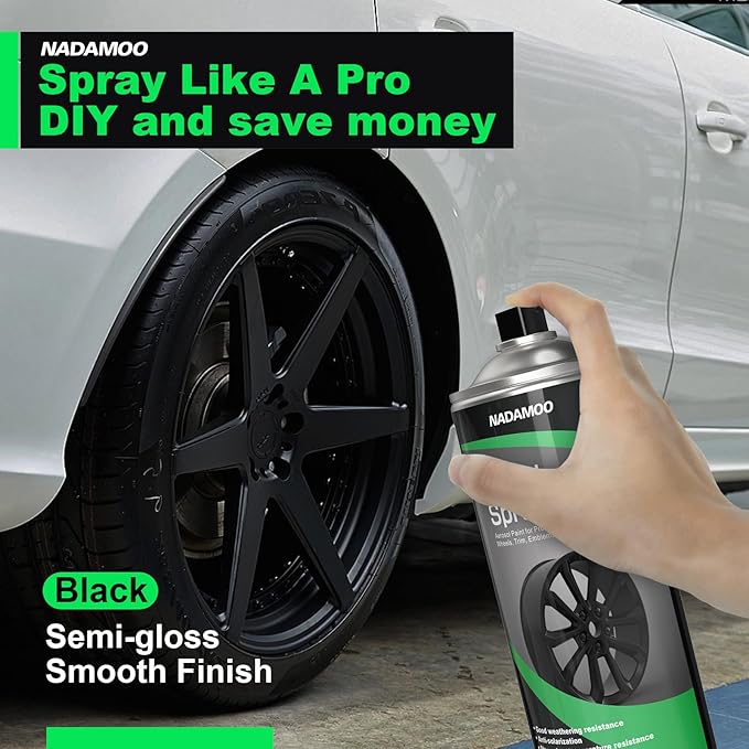 NADAMOO Aluminum Wheel Spray Paint, Car Rim Aerosol Paint for Recolor and Protection of Metal Surface, Semi-gloss Black, 4 Cans, 13 Oz Per Can
