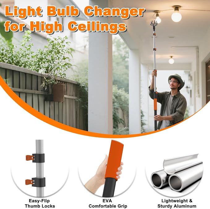 Buyplus 26FT Reach Light Bulb Changer for High Ceilings with 5-20FT Telescopic Extension Pole, Easy Flip-Tab Lock Bulb Changing Pole Extension with Basket and Suction Cup for Recessed Lights