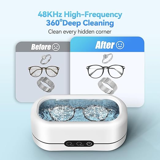 Ultrasonic Jewelry Cleaner - 48KHz Ultrasonic Cleaner Machine for Jewelry, Eyeglasses, Rings, Necklaces, Watch Strap, Makeup Brush, Dual Cleaning Modes-Brilliant White