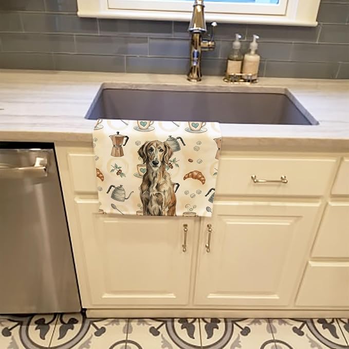 Caroline's Treasures Brindle Scottish Deerhound Coffee Bar Kitchen Towel Velour Plush Front and Cotton Loop Back Machine Washable