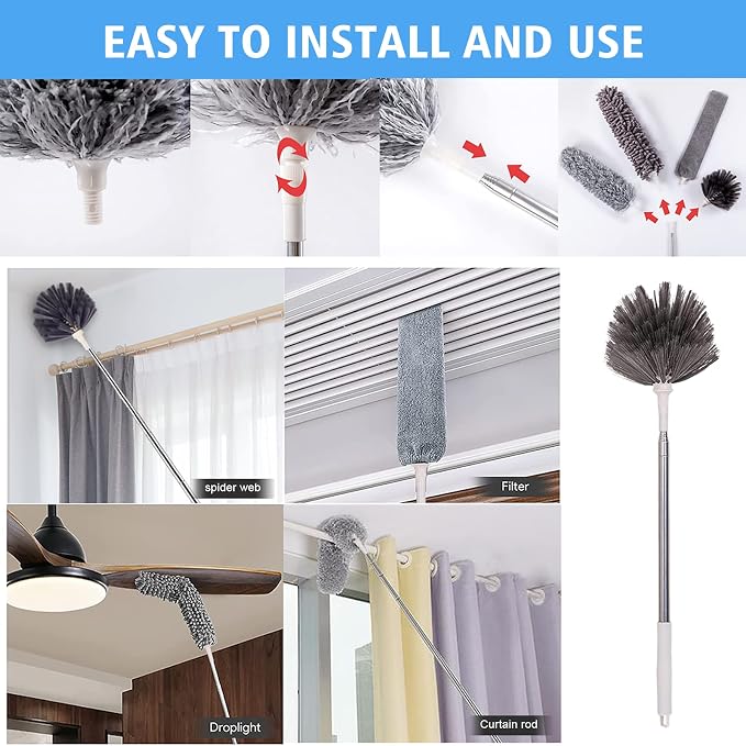 Tiumso Heavy Duty Broom Indoor Outdoor Commercial Broom, 55" Long Handle Broom with CornerReach and Microfiber Duster 5-in-1 Kit with Extendable Pole for Home Office Kitchen and High Ceilings