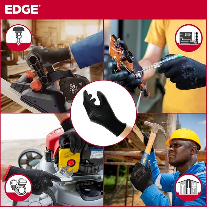 Ansell EDGE 48-126 Abrasion-Resistant Polyester Nitrile Industrial Gloves w/Knitted Liner for Auto, Machinery - Black