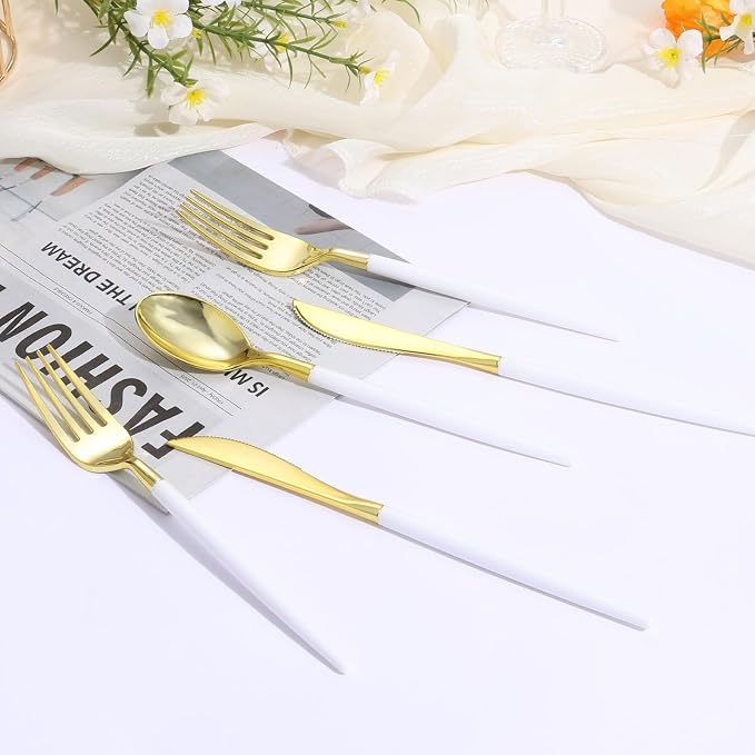 Goodluck 300PCS White Gold Plastic Silverware Set for 100 Guests, 100 Knives, 100 Forks and 100 Spoons, Food-grade material free of BPA, Gold Plastic Cutlery Ideal for Weddings, Birthdays, Graduation