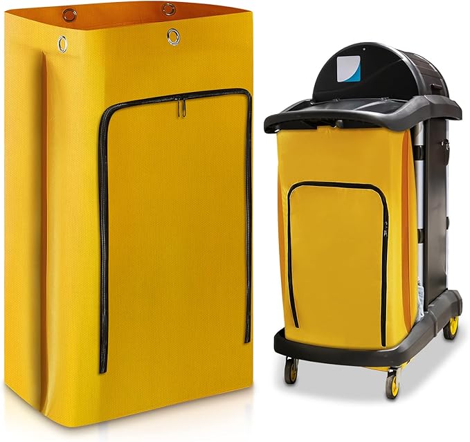 Meanplan 1 Pack Cleaning Cart Bag Zippered Front Replacement Janitorial Cart Thick Bag Large Capacity Commercial Cleaning Bags for Housekeeping Carts, Yellow (33 x 16.8 x 10.5 Inch)