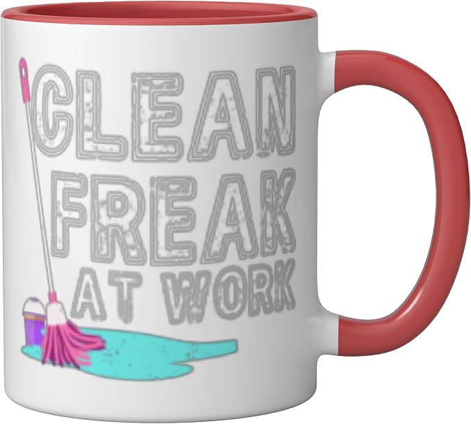 Clean Freak at Work Cleaning Ceramic Mug, Red/White