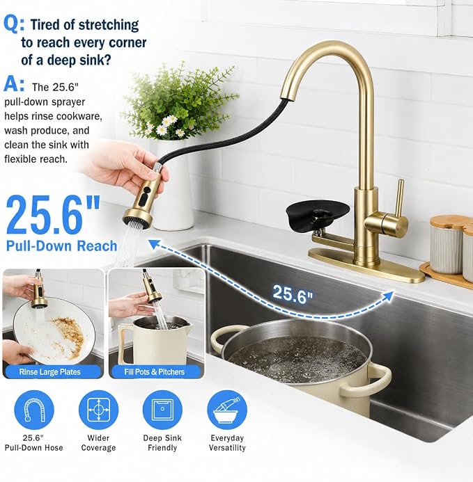 Kitchen Faucet with Glass Rinser for Sink, Pull Down Faucet with 3 Spray Modes and High Pressure Glass Rinser, Single Hole 2 in 1 High Arc Stainless Steel Kitchen Faucets (Brushed Golden)