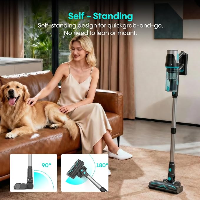 Bagotte Cordless Vacuum Cleaner,65KPa 65Mins Stick Vacuum with Self-Standing,Anti-Tangle Touch Screen LED Display, Detachable Battery Pack, Rechargeable Vacuum for Floor/Carpet/Pet Hair