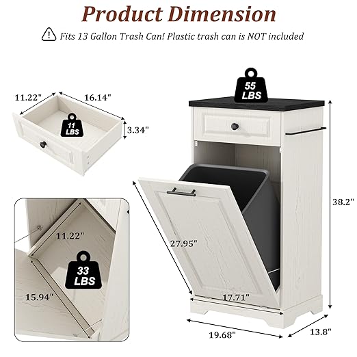 Function Home Trash Can Cabinet, 13 Gallon Tilt Out Trash Cabinet, Wooden Kitchen Garbage Can with Hideaway Drawer, Pet Proof Trash Can Holder for Kitchen Living Room, Antique White with Black Top