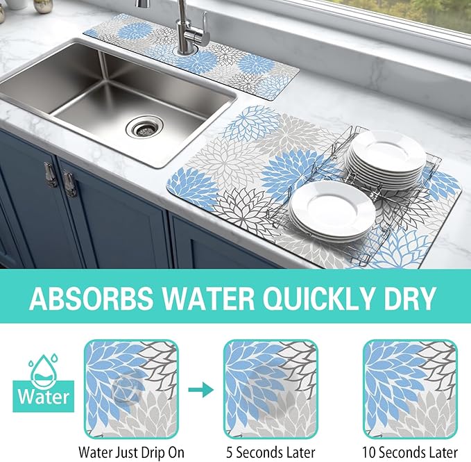 Dish Drying Mat for Kitchen Counter Matt, 2PCS 19"x12" Dish Drainer Mat & 24"x5.5" Sink Splash Guard, Super Absorbent Non-slip Rubber Backed