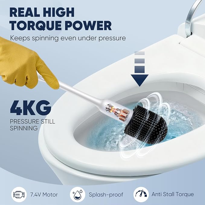 EKZ Electric Toilet Brush with UV Stain Detection, High-Torque Deep Cleaning, Dual-Speed 80/200 RPM, Silicone Brush Head, Wall-Mounted Holder, Type-C Rechargeable, White
