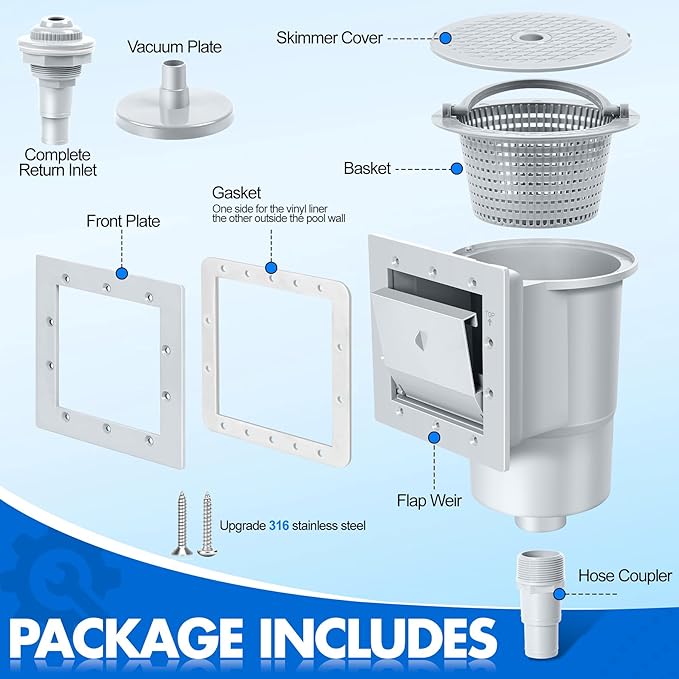 DeeprClean Through Wall Skimmer for Above Ground Pool, Heavy Duty Wall Mount Pool Skimmer Kit, Universally Fits All Standard Pool Wall Openings, In Wall Pool Surface Skimmer for Above ground Pool-Gray