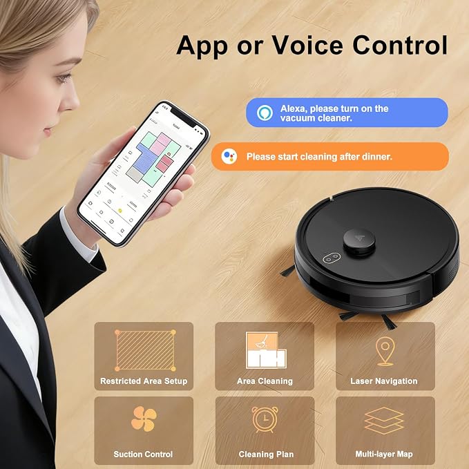 Robot Vacuum and Mop Combo, Robotic Vacuums with LiDAR Navigation, Smart Mapping, Strong Suction, with WiFi/App/Alexa/Voice Control, Obstacle Avoidance, for Home, Wood/Hard Floors, Pet Hair Black