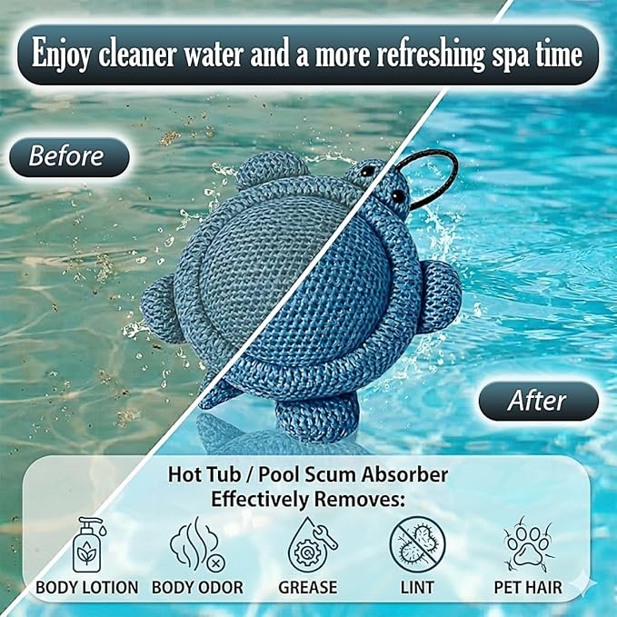 Hot Tub Scum Absorber (2 Pack Turtle) Oil Absorbing Sponge for Spa & Pool, Floating Cleaner Removes Body Oils, Lotion & Dirt, Keeps Water Clean with Extra Cleaning Cloth