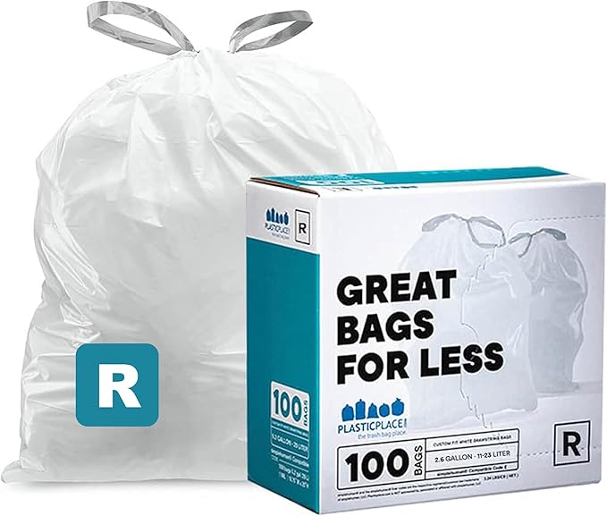 Plasticplace Custom Fit Trash Bags, Compatible with Simplehuman Code R (100 Count) White Drawstring Garbage Liners 2.6 Gallon/ 10 Liter 16.5" x 18"