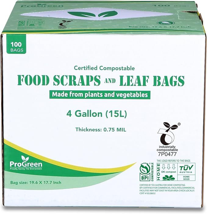 Compostable Trash Bags, Extra Thick, Compost Kitchen Bin Bags, Food Scraps Yard Waste Bags, ASTM D6400 BPI and TÜV AUSTRIA Certified (4 Gallon, Pack of 100)