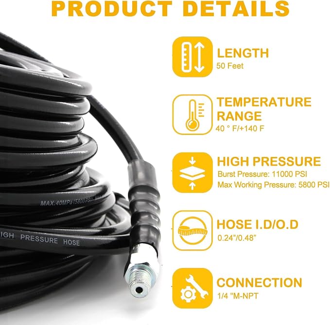 SUNTAI Sewer Jetter Kit for Pressure Washer 50FT, 5800PSI Drain Cleaner Hose 1/4 Inch NPT, Corner, Button Nose and Rotating Sewer Jetting Nozzle