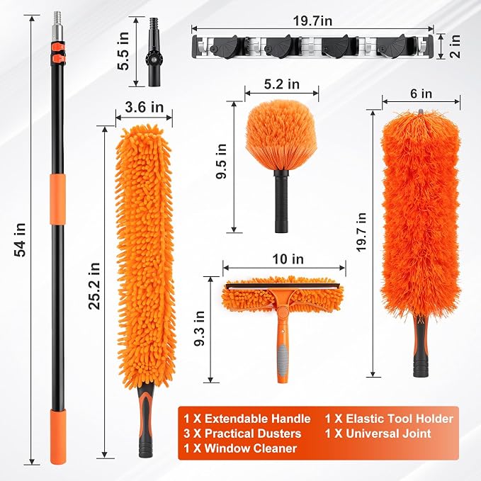 20 Foot High Ceiling Fan Cleaner Duster Kit with 5-12ft Heavy Duty Extension Pole, Microfiber Feather Duster, Cobweb Duster, Ceiling Fan Duster and Window Squeegee, Long Dusters for Cleaning