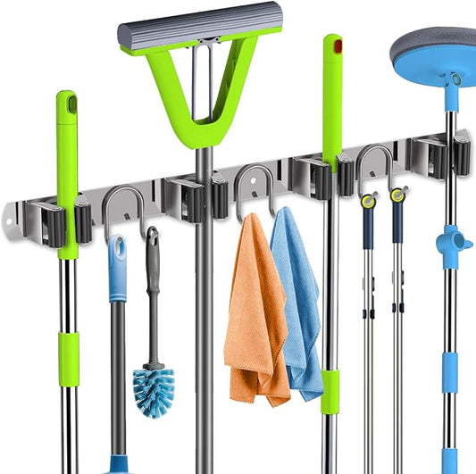 Mop Broom Holder Wall Mount, Silver Stainless Steel Tool Storage Organizer for Kitchen Garden Garage Laundry Room Bathroom and RV with 4 Slots 6 Hooks