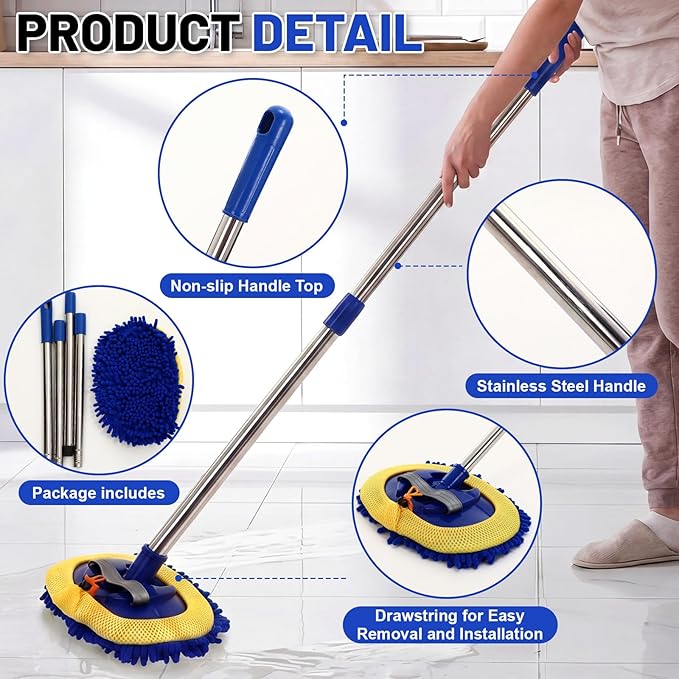 2 Pack 360° Spin Mop with 2 Microfiber Mop Refills, Extendable 63" Stainless Steel Handle for Easy Floor, Ceiling, Wall & Window Cleaning, Household Mops(Blue)