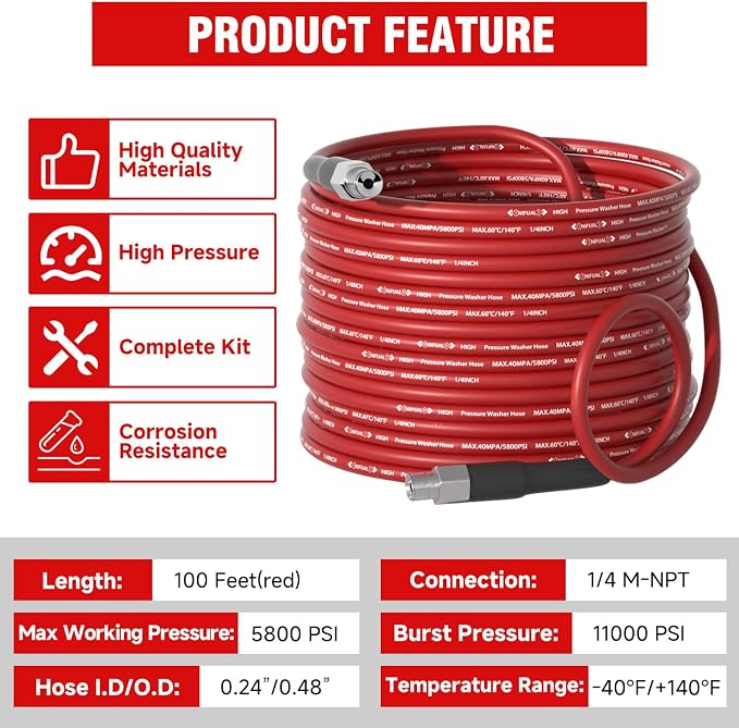 NIFUAL Sewer Jetter Kit for Pressure Washer,100FT 5800PSI Pressure Drain Cleaner 1/4 Inch NPT Corner Rotating and Button Hose Sewer Jetting Nozzle for Homeowners & DIYers