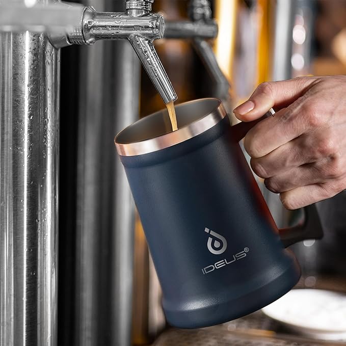 Ideus Insulated Beer Stein, 24/32oz Stainless Steel Double Walled Beer Mug Giant Bar Drinkware Metal Beer Cup with Big Grip Handle (Navy Blue, 34 ounces (1,000ml))