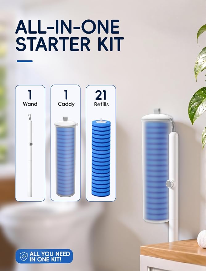 Disposable Toilet Brush Wand System, Toilet Bowl Cleaning Wand Kit with Disposable Refill Heads and Press Button Handle, for Daily Bathroom Cleaning Storage Box Set 1 Wand and 21 Refill Heads
