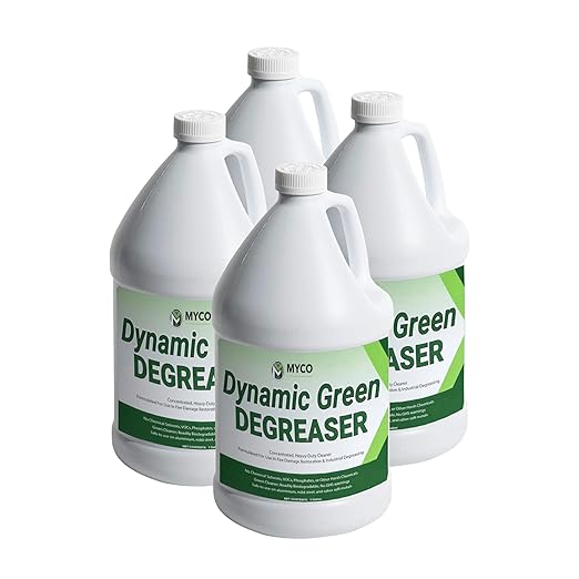 Myco Dynamic Green Degreaser 4 Gal – Biodegradable Heavy-Duty Cleaner & Concentrate, pH 12.4, VOC-Free, Makes 55 Gal, Commercial & Residential Multi-Surface Use: Kitchen, Equipment, Fire Restoration