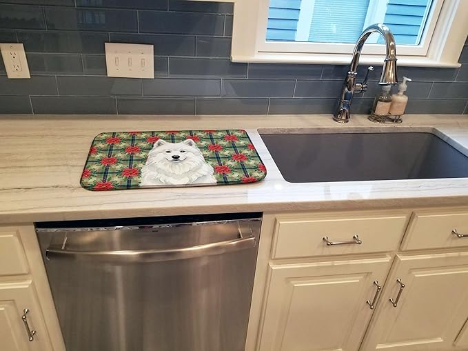 Caroline's Treasures White Samoyed Christmas PoinsettIas Dish Drying Mat Absorbent Dish Drying Mat Pad for Kitchen Counter Dish Drainer Mat for Countertop, 14 x 21", Multicolor