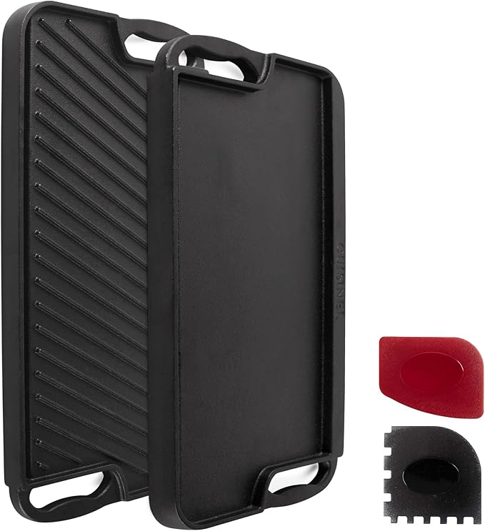 Cuisinel Cast Iron Griddle/Grill + Scraper/Cleaner - Reversible Pre-Seasoned 20" X 10"-inch Dual Handle Flat Skillet and Griller Pan + Cleaning Accessories - Indoor/Outdoor Stove Top Burner, Gas Safe