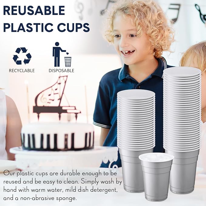 Dandat 200 Pcs 18 oz Plastic Disposable Cups Bulk Heavy Duty Large Cold/Hot Drinking Cups Disposable Container for Beverages Water Wedding Birthday Graduation Ceremonies Party BBQ Picnics, Silver
