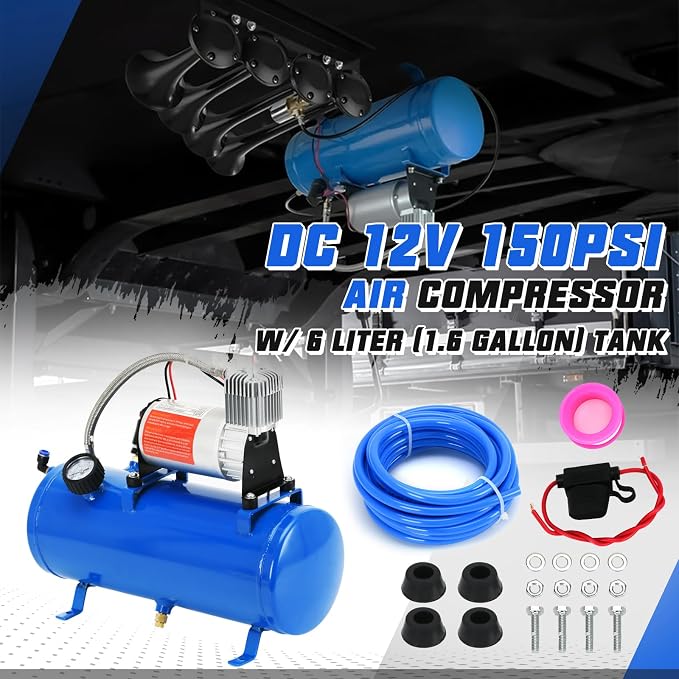PTNHZ DC 12V MAX 150PSI Air Compressor Tank Pump w/6 Liter 1.6 Gallon Tank For Train Truck Boat Pickup Motorhome Portable Air Compressor Pump