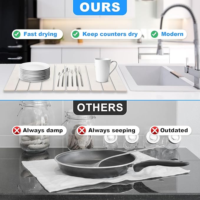 Large Stone Dish Drying Mats for Kitchen Counter, 24"(L)×16"(W) Quick Dry Collapsible Dish Drying Mat, Eco-Friendly Absorbent Diatomaceous Earth Mats for Dishes Bottles Cups, Match Any Countertop