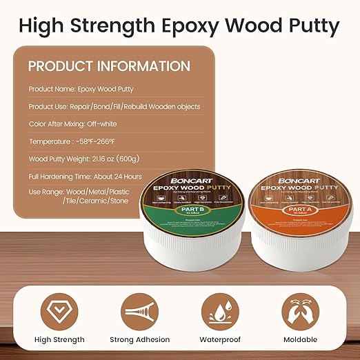 Boncart Epoxy Wood Putty, High Strength Filler Putty, Stainable 2-Part Epoxy Filler, 21.16 oz Structural Wood Repair Kit, Wooden Furniture Repair Kit for Damages (White)