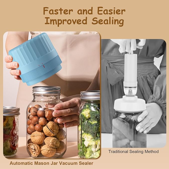 HTPOW Mason Jar Vacuum Sealer, Auto Sealing for Regular and Wide Mouth Jars | Meal prep, food storage, one-touch operation, regular and wide mouth jars, 1300mAh battery, reusable lids