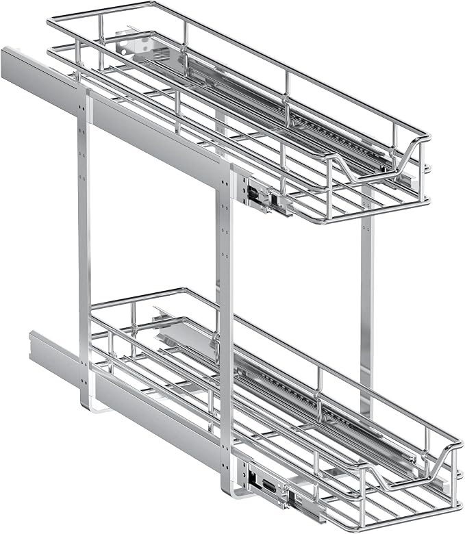 2-Tier Pull Out Cabinet Organizer, 5.5" W x 21.5" D, Heavy Duty Dual Slide Out Shelves for Narrow Base Cabinets, Chrome Wire Basket Drawer for Spices, Bottles & Snacks