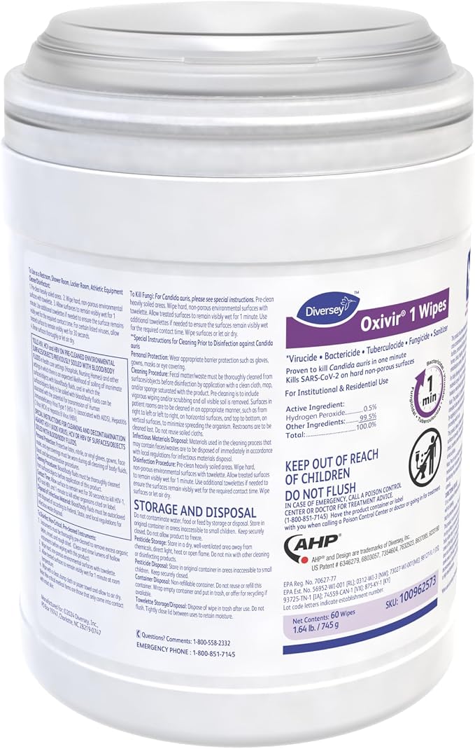 Oxivir Diversey 1 Disinfectant Wipes, AHP Hydrogen Peroxide Cleaner, Multi-Surface Cleaner for Home & Commercial Use, Large Wipes, 60 Count Canister, Case of 12